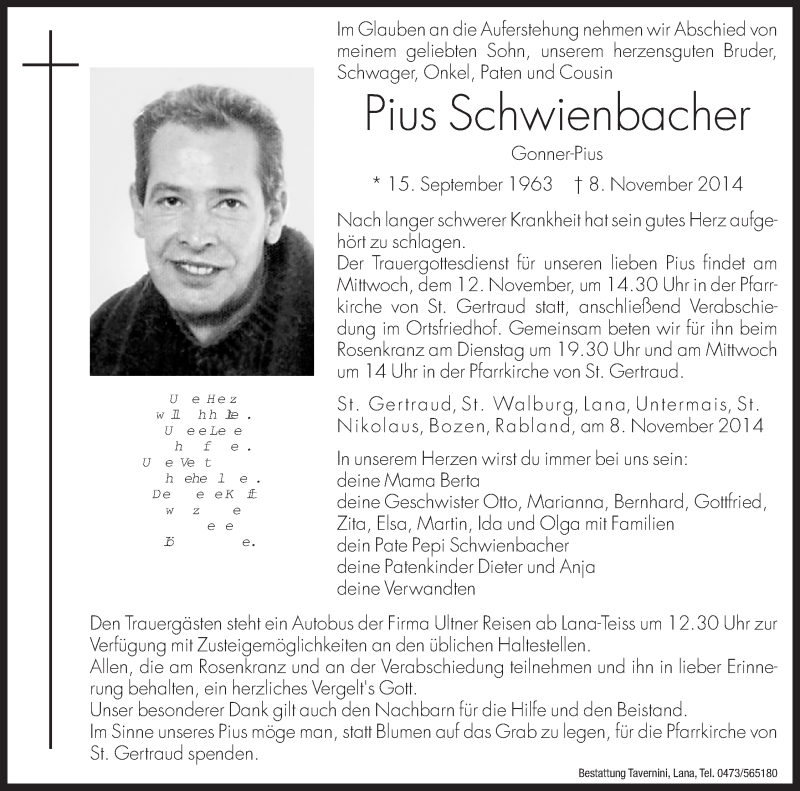  Traueranzeige für Pius Schwienbacher vom 11.11.2014 aus Dolomiten