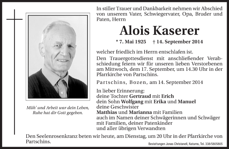  Traueranzeige für Alois Kaserer vom 16.09.2014 aus Dolomiten