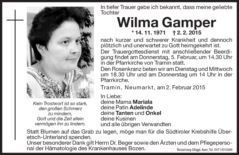  Traueranzeige für Wilma Gamper vom 03.02.2015 aus Dolomiten