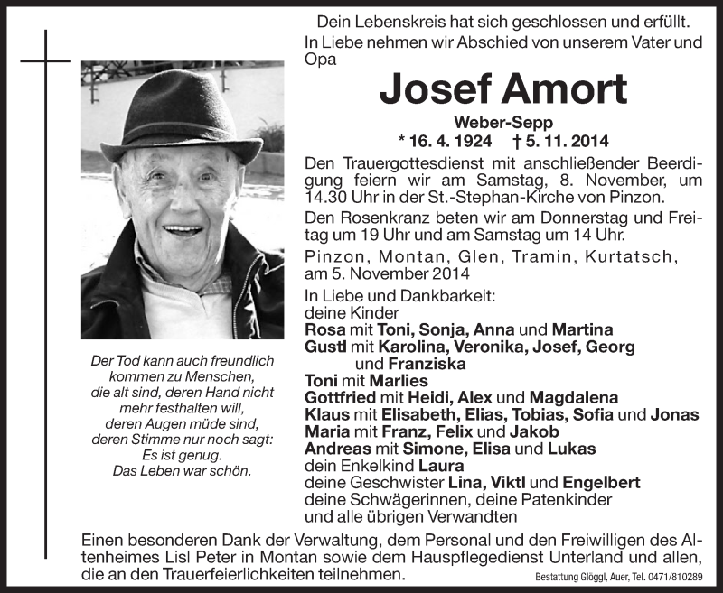  Traueranzeige für Josef Amort vom 06.11.2014 aus Dolomiten