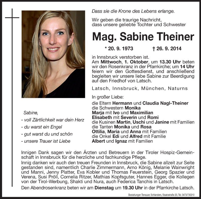  Traueranzeige für Sabine Theiner vom 30.09.2014 aus Dolomiten