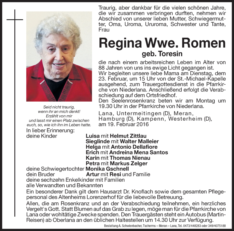  Traueranzeige für Regina Romen vom 22.02.2016 aus Dolomiten