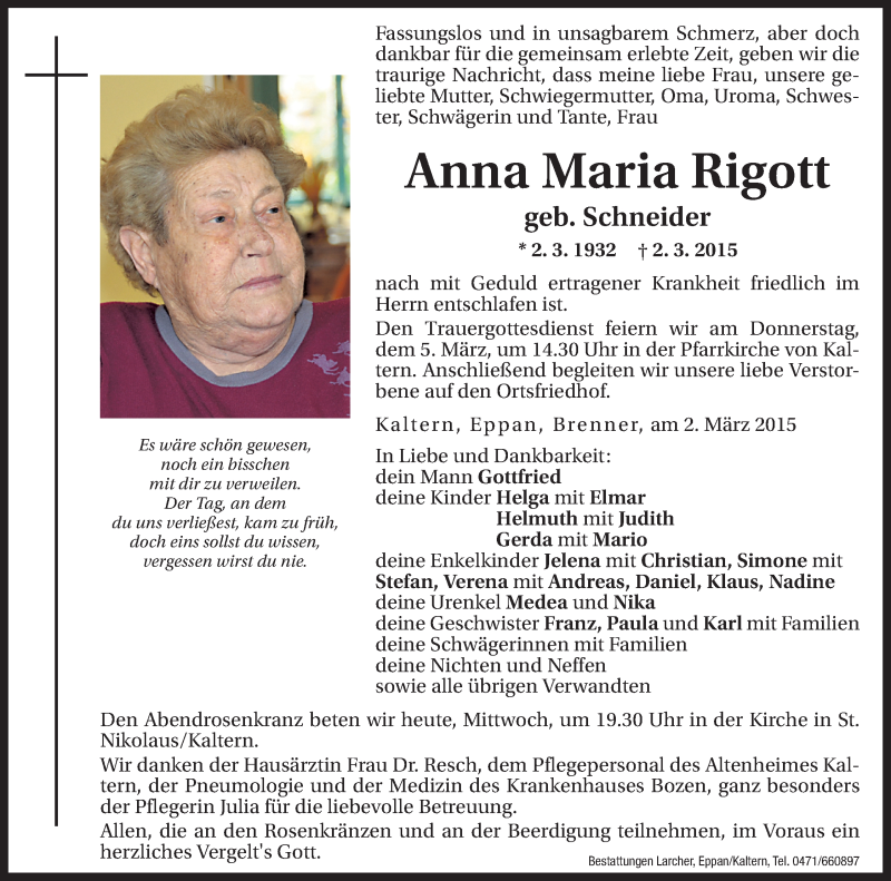  Traueranzeige für Anna Maria Rigott vom 04.03.2015 aus Dolomiten