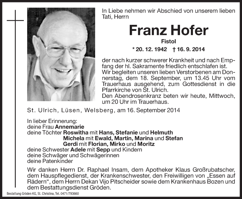  Traueranzeige für Franz Hofer vom 17.09.2014 aus Dolomiten