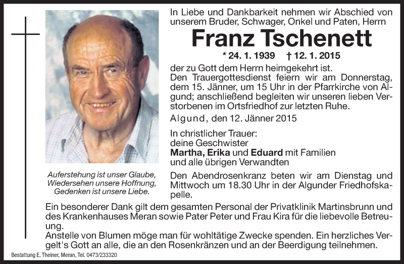  Traueranzeige für Franz Tschenett vom 13.01.2015 aus Dolomiten