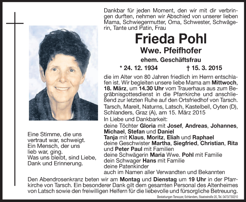  Traueranzeige für Frieda Pfeifhofer vom 16.03.2015 aus Dolomiten