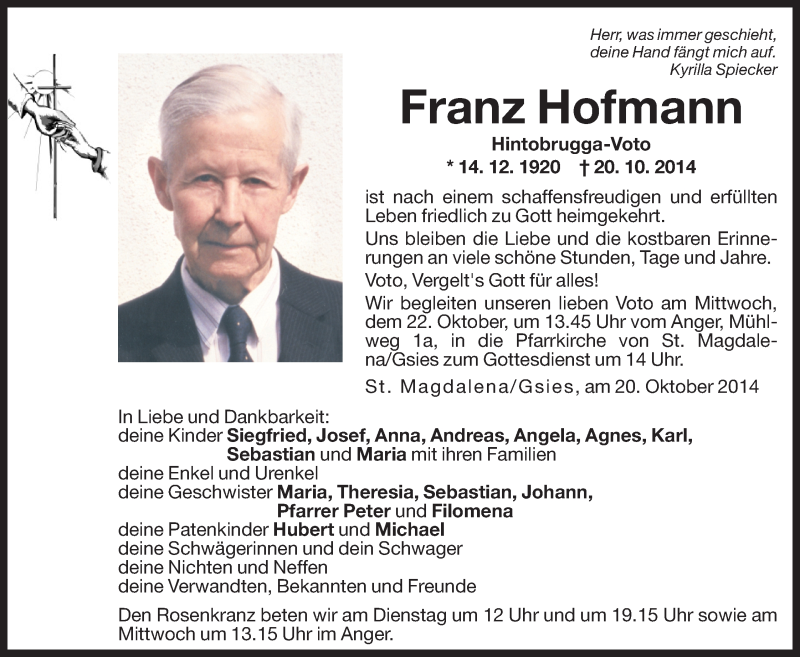  Traueranzeige für Franz Hofmann vom 21.10.2014 aus Dolomiten