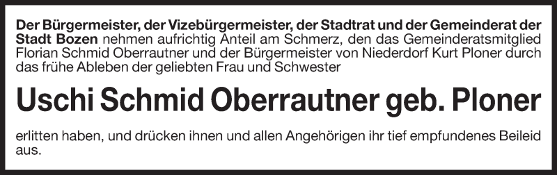  Traueranzeige für Uschi Schmid Oberrautner vom 14.10.2014 aus Dolomiten
