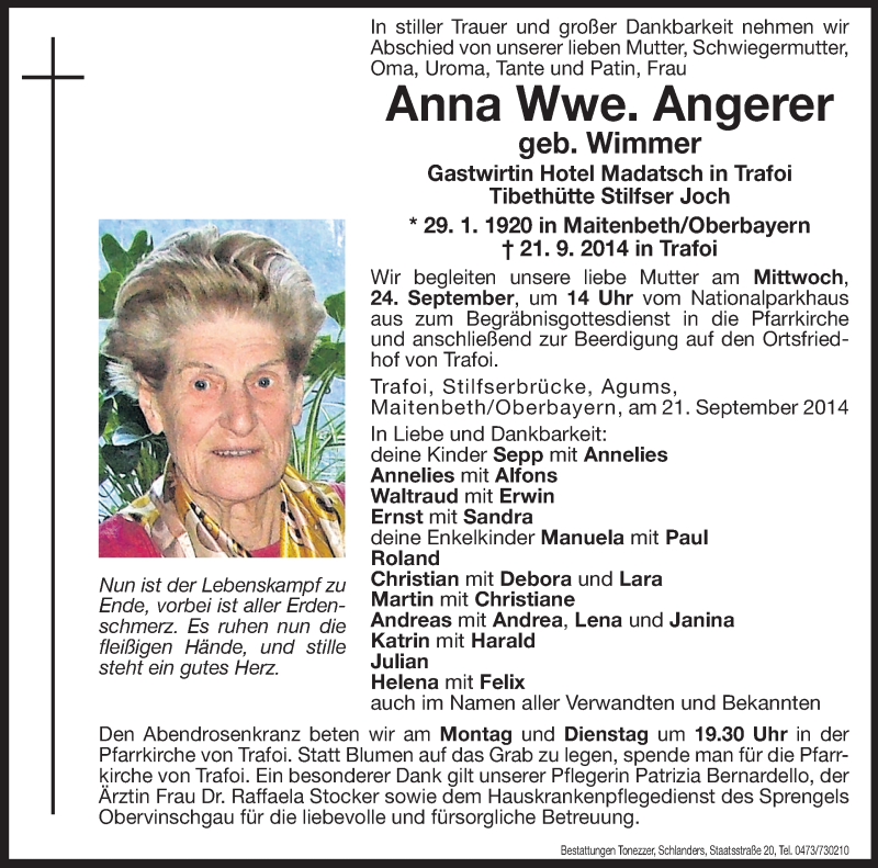  Traueranzeige für Anna Angerer vom 22.09.2014 aus Dolomiten