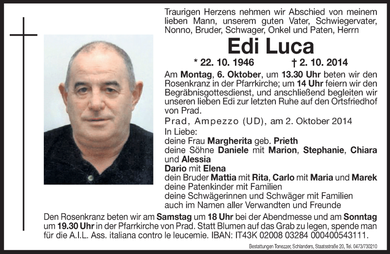  Traueranzeige für Edi Luca vom 04.10.2014 aus Dolomiten