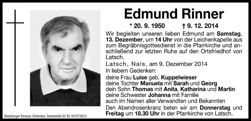  Traueranzeige für Edmund Rinner vom 11.12.2014 aus Dolomiten