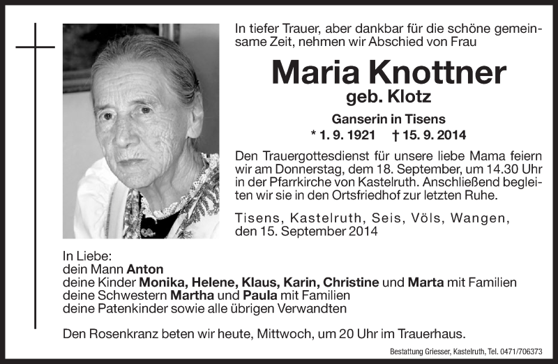  Traueranzeige für Maria Knottner vom 17.09.2014 aus Dolomiten