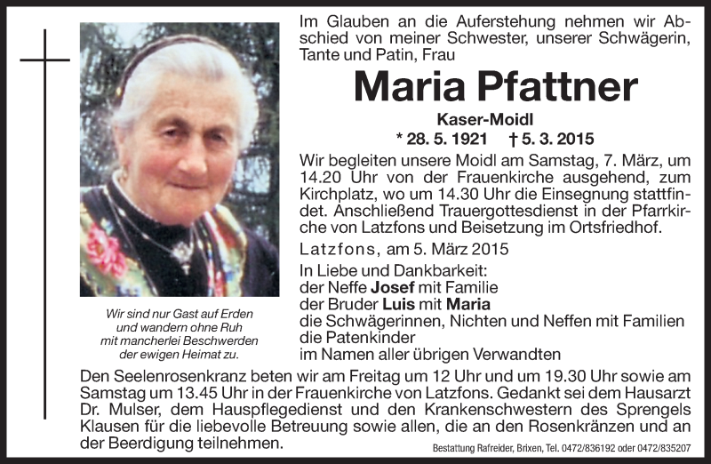  Traueranzeige für Maria Pfattner vom 06.03.2015 aus Dolomiten