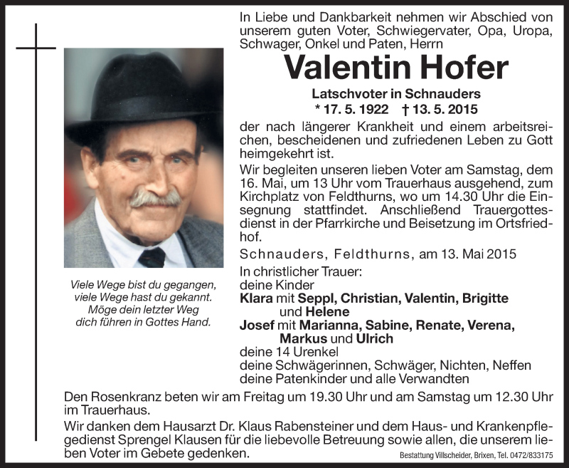  Traueranzeige für Valentin Hofer vom 15.05.2015 aus Dolomiten