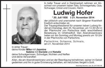 Traueranzeige von Ludwig Hofer von Dolomiten