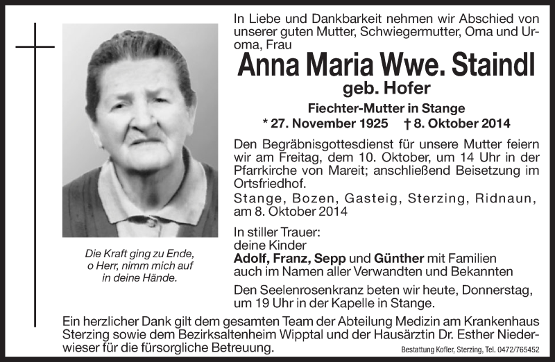  Traueranzeige für Anna Maria Staindl vom 09.10.2014 aus Dolomiten