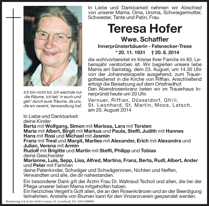  Traueranzeige für Teresa Schaffler vom 22.08.2014 aus Dolomiten