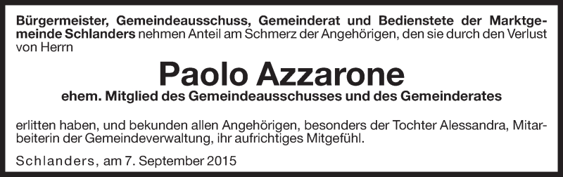  Traueranzeige für Paolo Azzarone vom 10.09.2015 aus Dolomiten