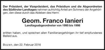 Traueranzeige von Franco Ianieri von Dolomiten