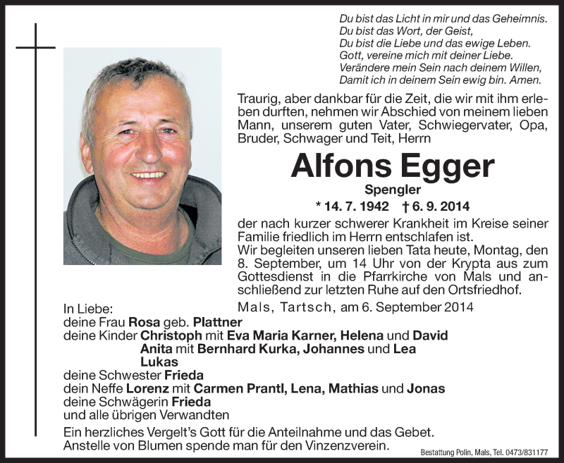  Traueranzeige für Alfons Egger vom 08.09.2014 aus Dolomiten