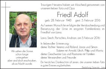 Traueranzeige von Friedl Adolf von Dolomiten