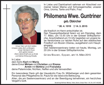 Traueranzeige von Philomena Guntriner von Dolomiten