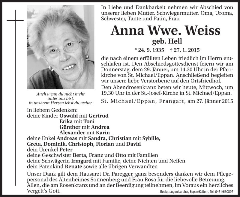  Traueranzeige für Anna Weiss vom 28.01.2015 aus Dolomiten