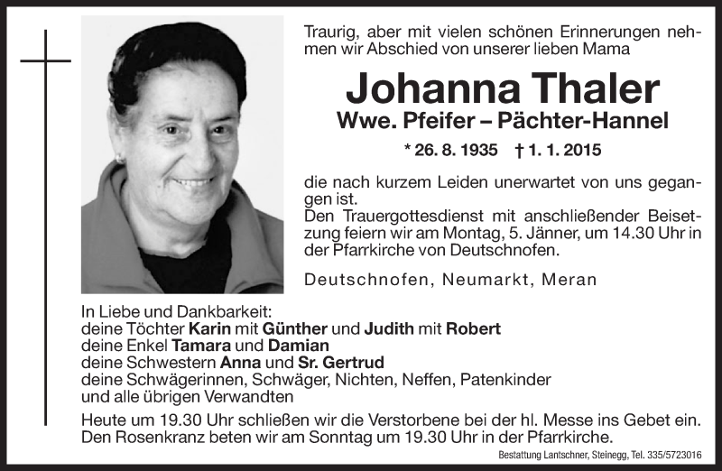  Traueranzeige für Johanna Pfeifer-Pächter-Hannel vom 03.01.2015 aus Dolomiten