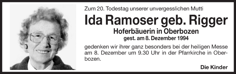  Traueranzeige für Ida Ramoser vom 06.12.2014 aus Dolomiten