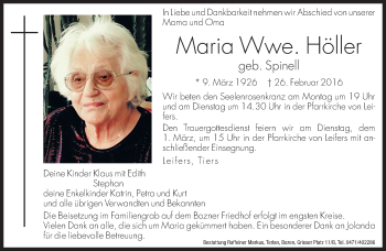 Traueranzeige von Maria Höller von Dolomiten