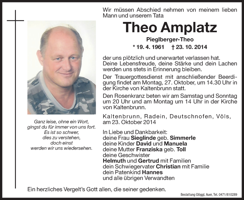  Traueranzeige für Theo Amplatz vom 25.10.2014 aus Dolomiten