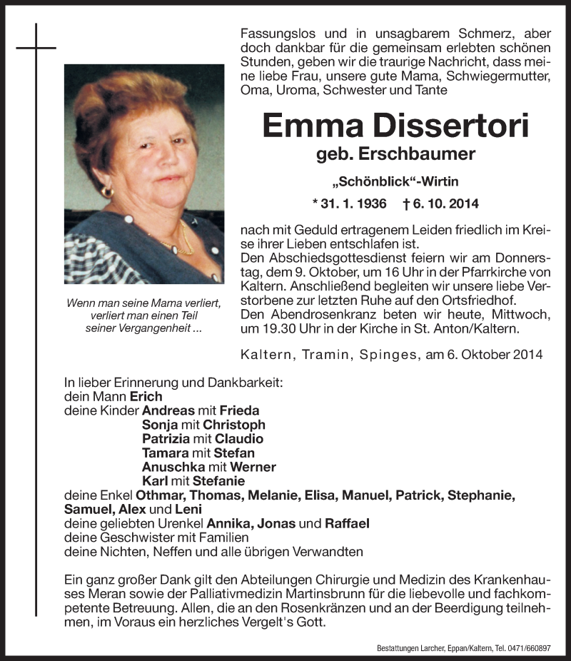  Traueranzeige für Emma Dissertori vom 08.10.2014 aus Dolomiten