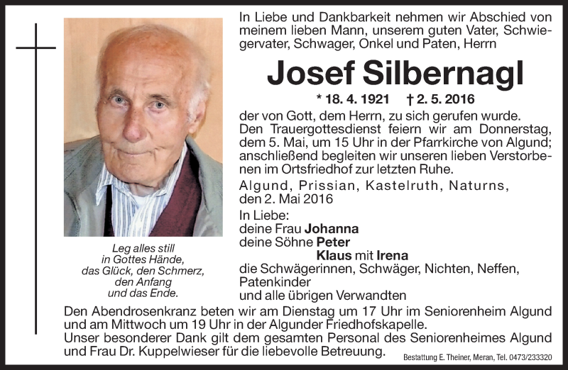  Traueranzeige für Josef Silbernagl vom 03.05.2016 aus Dolomiten