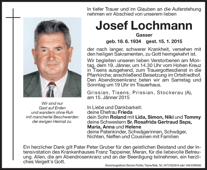  Traueranzeige für Josef Lochmann vom 17.01.2015 aus Dolomiten