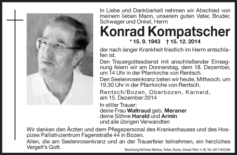  Traueranzeige für Konrad Kompatscher vom 17.12.2014 aus Dolomiten