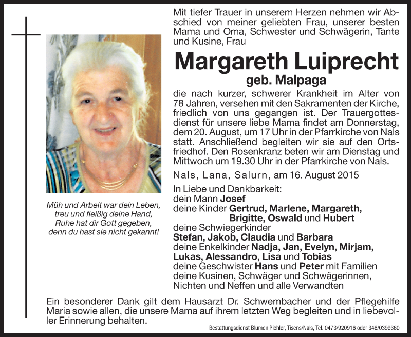  Traueranzeige für Margareth Luiprecht vom 18.08.2015 aus Dolomiten