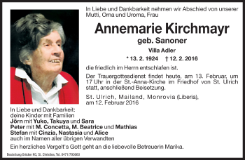 Traueranzeige von Annemarie Kirchmayr von Dolomiten