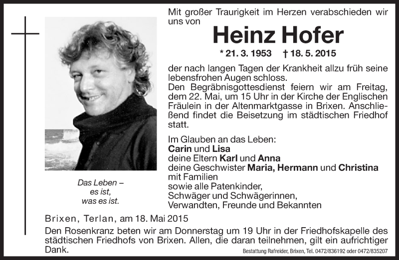  Traueranzeige für Heinz Hofer vom 20.05.2015 aus Dolomiten