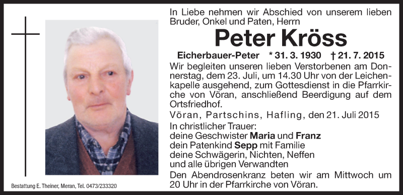  Traueranzeige für Peter Kröss vom 22.07.2015 aus Dolomiten