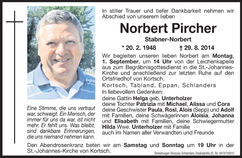  Traueranzeige für Norbert Pircher vom 30.08.2014 aus Dolomiten