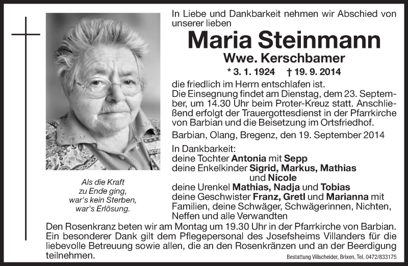  Traueranzeige für Maria Kerschbamer vom 22.09.2014 aus Dolomiten