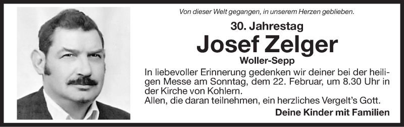  Traueranzeige für Josef Zelger vom 20.02.2015 aus Dolomiten