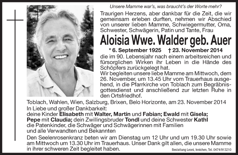  Traueranzeige für Aloisia Walder vom 25.11.2014 aus Dolomiten