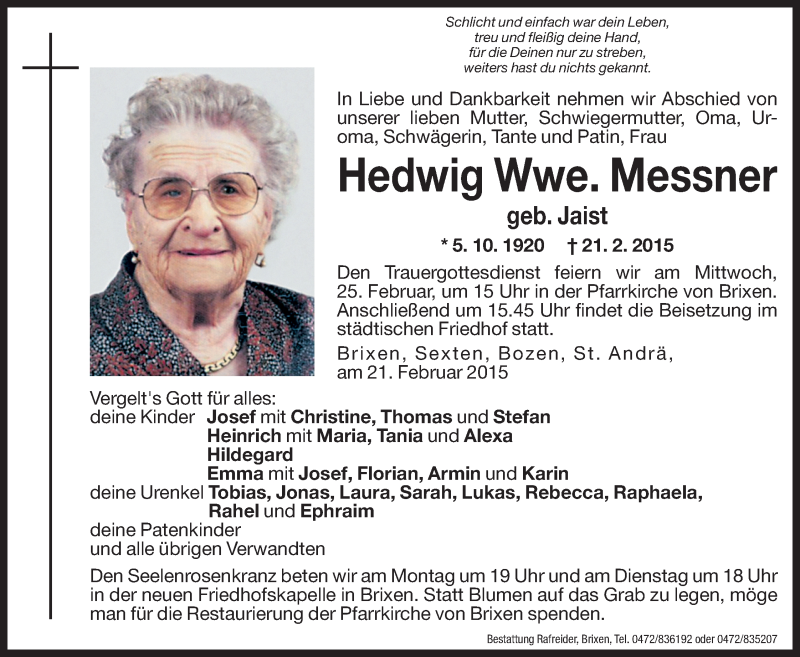  Traueranzeige für Hedwig Messner vom 23.02.2015 aus Dolomiten