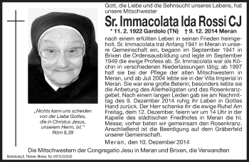 Traueranzeige von Immacolata Ida Rossi von Dolomiten