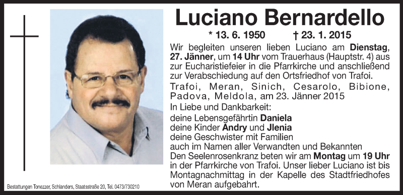  Traueranzeige für Luciano Bernardello vom 24.01.2015 aus Dolomiten