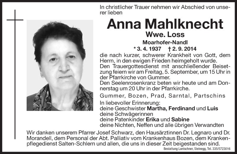  Traueranzeige für Anna Loss vom 03.09.2014 aus Dolomiten