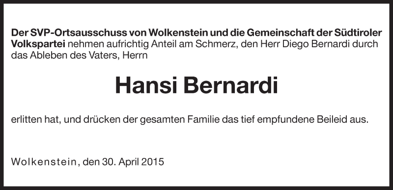  Traueranzeige für Hansi Bernardi vom 30.04.2015 aus Dolomiten