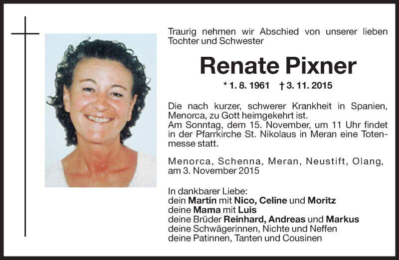  Traueranzeige für Renate Pixner vom 13.11.2015 aus Dolomiten