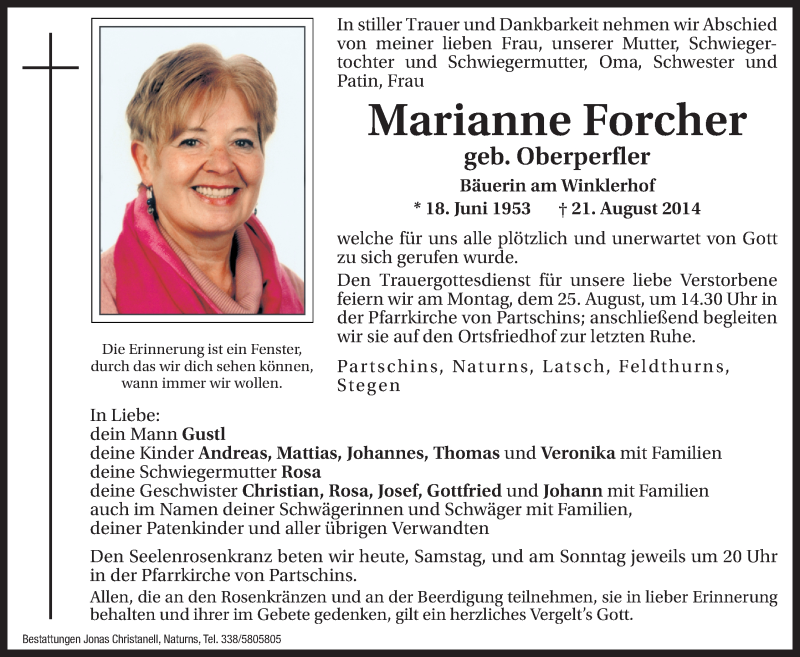  Traueranzeige für Marianne Forcher vom 23.08.2014 aus Dolomiten